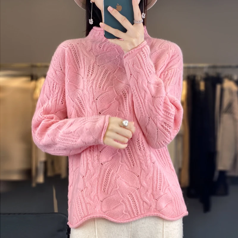 Women\'s Knitted Hollow Half High Collar Sweater, 100% Australian Wool Sweater, Slim Fit, Thin Style, Exquisite Style, Monochroma