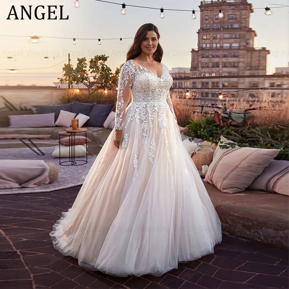 

ANGEL A-Line V-Neck Exquisite Plus Size Wedding Dresses 2024 Long Sleeve Tulle Bridal Gowns Lace Appliques Vestido de Novia Boda