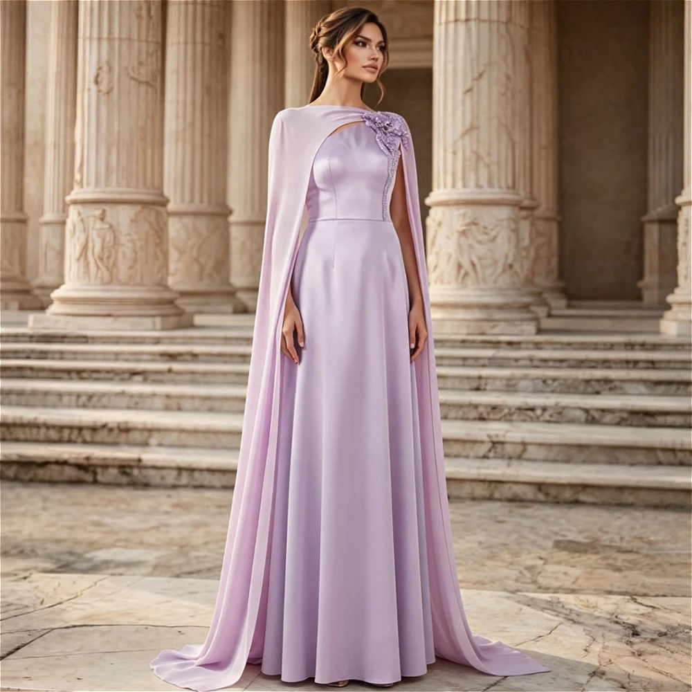 Customized Lavender Cape Sleeve Satin Long Evening Dress Hollow Chest Floral Rhinestone Formal Occasion Gown For Middle East