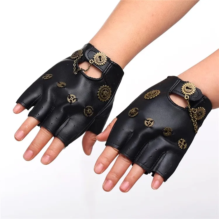Steampunk PU Leather Fingerless Compass Gloves Men Women Fashion Hip Hop Punk Gloves Half Finger Gloves