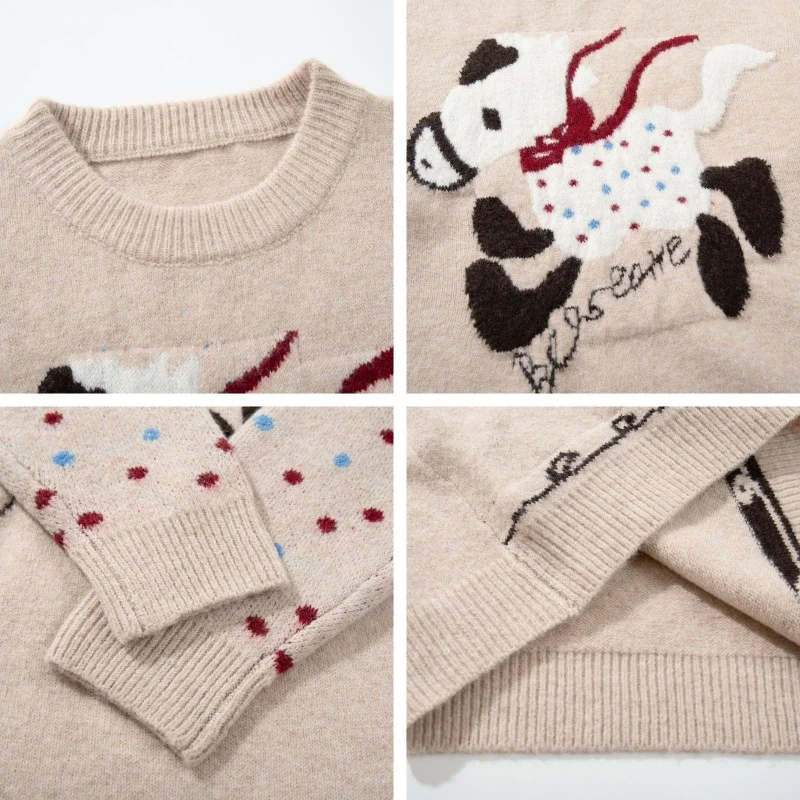 MAQVOB 고품질 EU US 사이즈 귀여운 자카드 크루넥 스웨터 유니섹스 가을 겨울 루즈핏 다용도 니트웨어