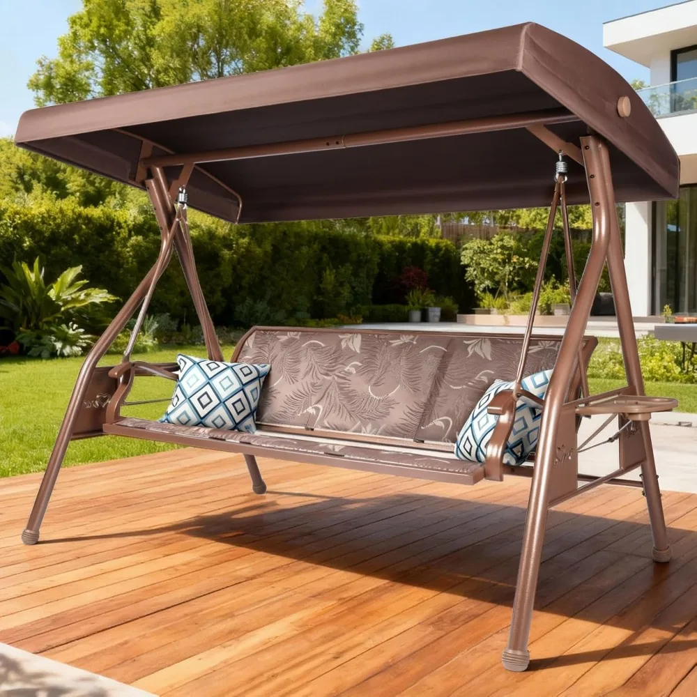 ty-3 Person Patio Swing Outdoor Adjustable Canopy Textilene Fabric Cup Holders Porch Chair Stand Heavy Duty 800 LBS, Custom-
