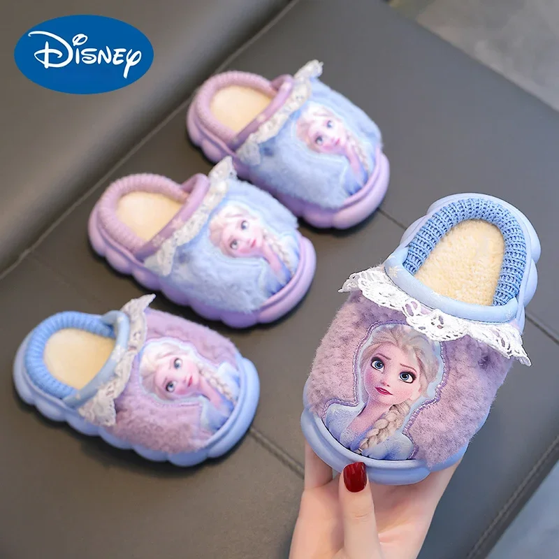 Disney Children’s Baby Warm Cotton Shoes Winter Girls Princess Elsa Cartoon Sheep Non-slip Shoes Kids Soft Sole Indoor Slippers