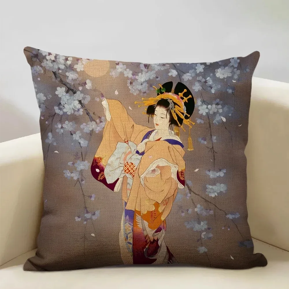 Japanse Geisha Enkelzijdige Digitale Print Perzik Huid Kussensloop Autostoel Kussenhoes Sofa Kamer Bed Decoratie