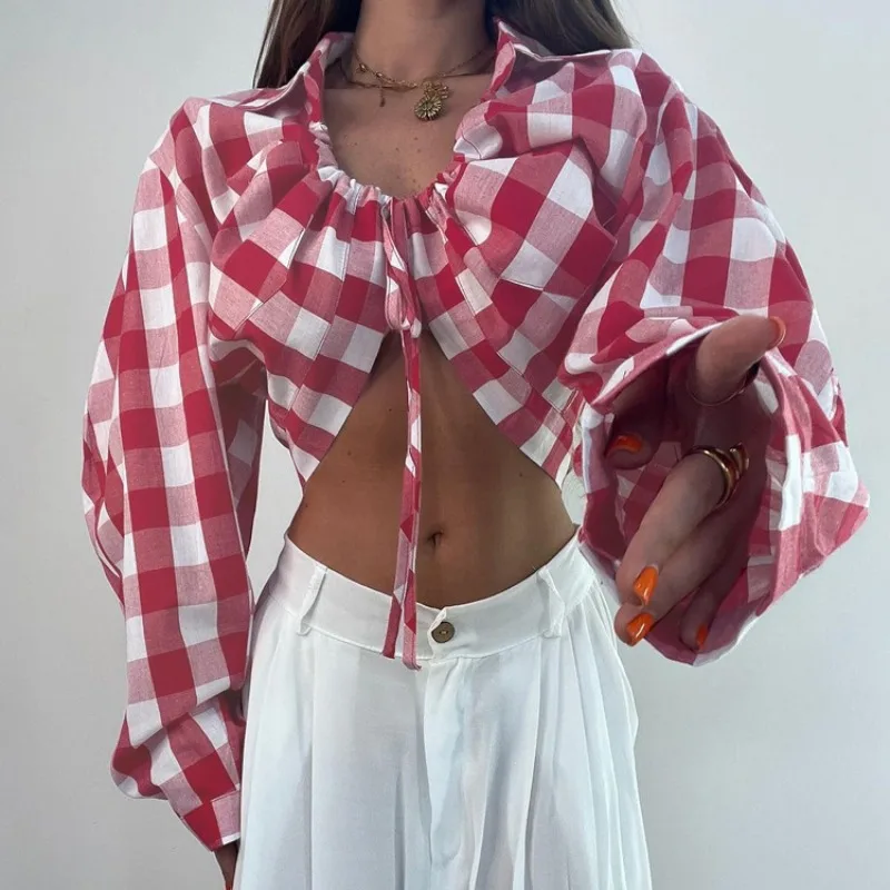 Damen Sexy Y2K Kariertes Crop-Top Sommer Neu Reversbluse mit Bindedetail Vorne Langarm-Shirt Vintage Gingham Cropped Bluse für Streetwear-Outfit – Detail 7