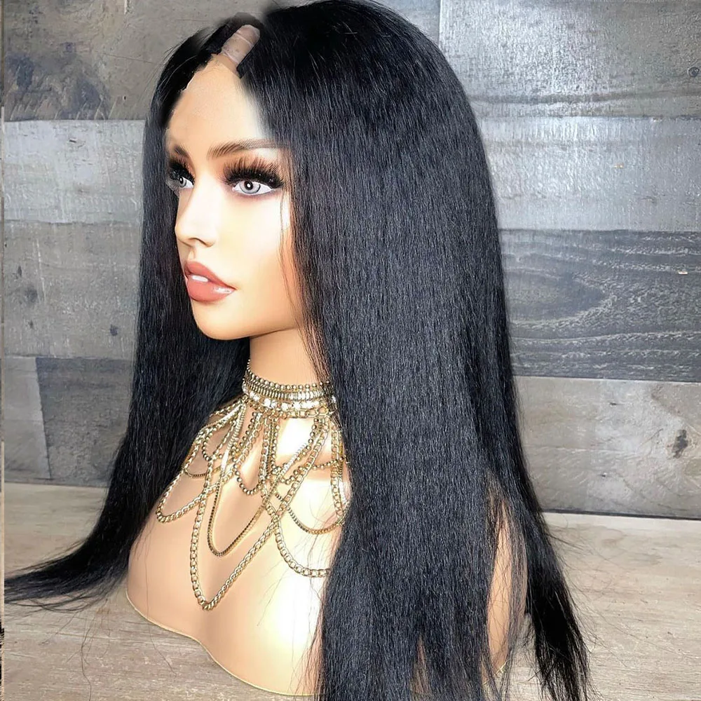 Lange 30 Zoll Yaki Straight Natürliche Schwarze Echthaar U-Part Perücken Maschinell Hergestellt Klebstofflos Einfache Installation Kinky Straight V-Part Perücken – Detail 3