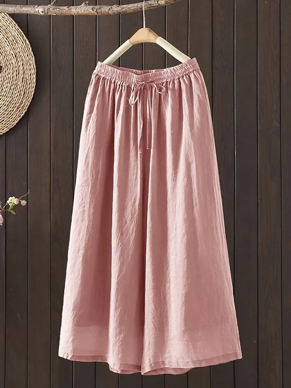 القطن الكتان بنطال ذو قصة أرجل واسعة تنورة عالية الخصر فضفاضة تناسب رقيقة مرنة الصيف بناطيل كاجوال للنساء خمر قطع مستقيمة