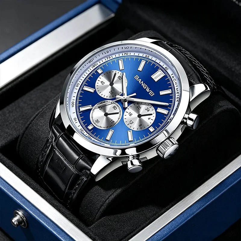 BANGWEI Simple Man Watches Fashion Luxury Leather Wristwatch Waterproof Chronograph Classic Quartz Man Watch Relogio Masculino