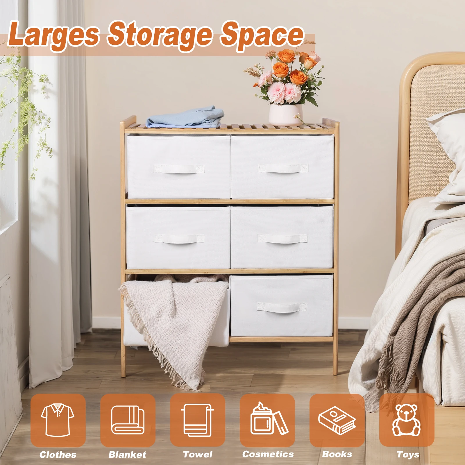 

Quilt Storage Shelf Pull Out Clothes Storage Box with 6 Baskets Wooden Shelf Furniture Multifunctional for Home Storage