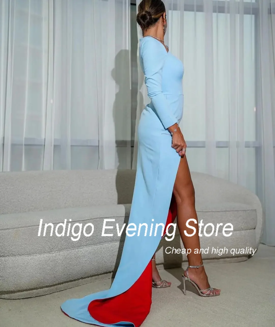 Indigo Simple Evening Dresse Sloping Collar Sexy High SIde Slit Women Formal Party Elegant Dress Saudi Robe De Soiree Customized