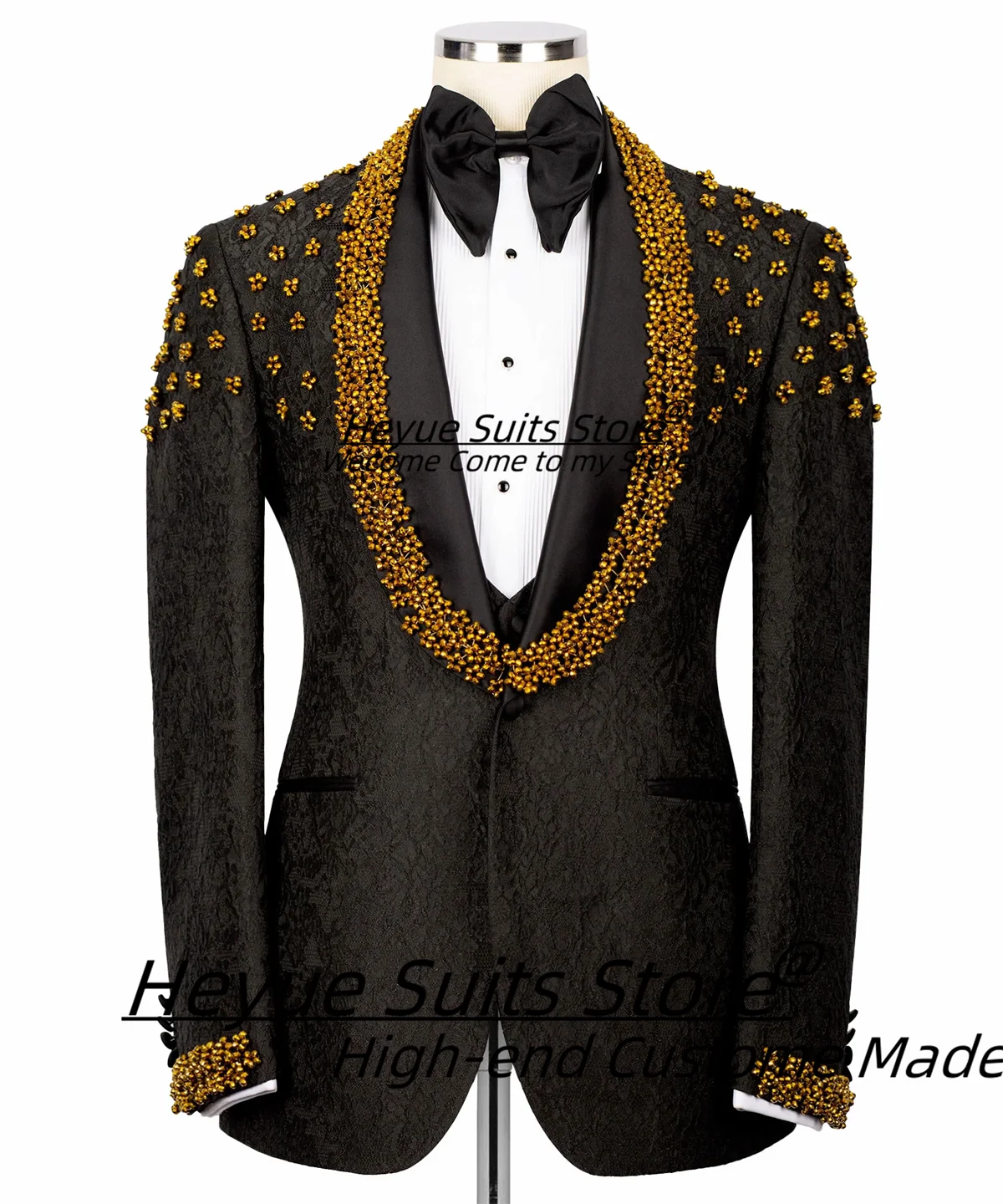 

Классические черные жаккардовые мужские костюмы с великолепными золотыми бусинами, облегающие свадебные смокинги для жениха, комплекты из 2 предметов, мужские пиджаки для выпускного вечера, костюм Homme
