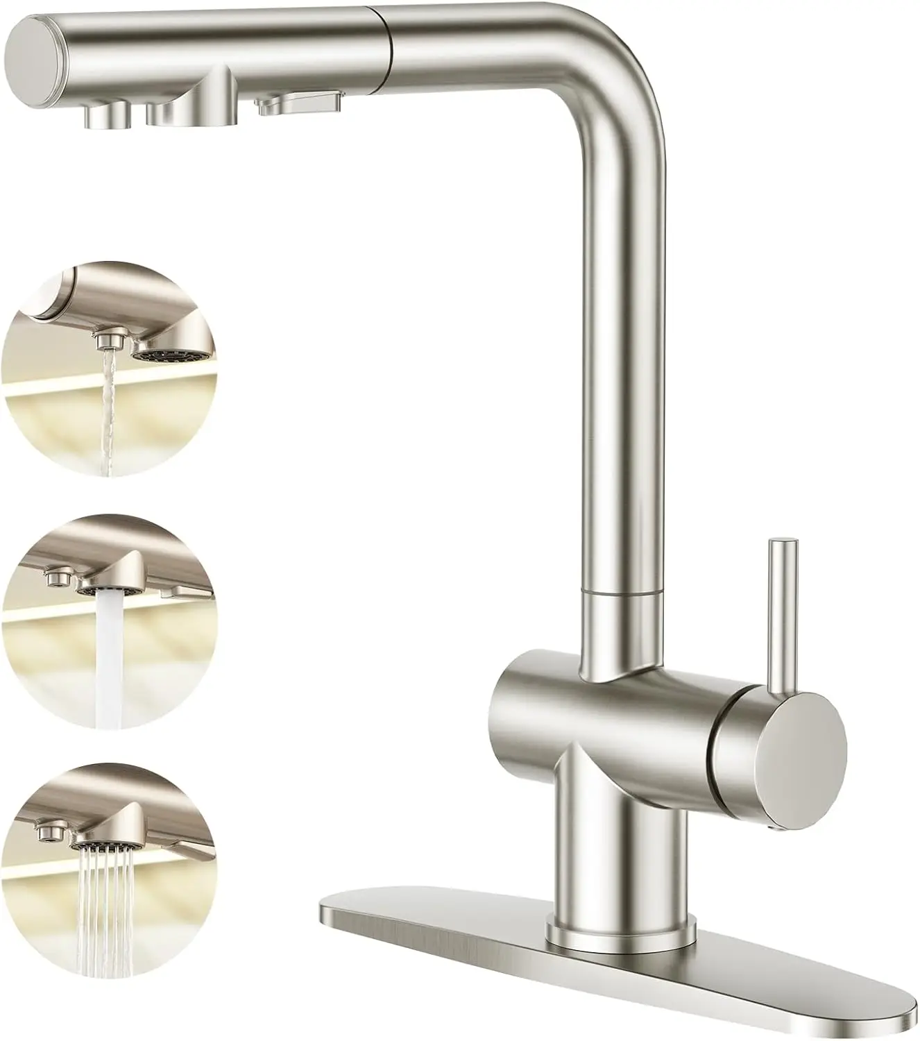 

3-in-1 Kitchen Faucet with Pull Out Sprayer and RO Purifier Outlet, Stainless Steel Sink Faucet Compatible with Water Filter, Br