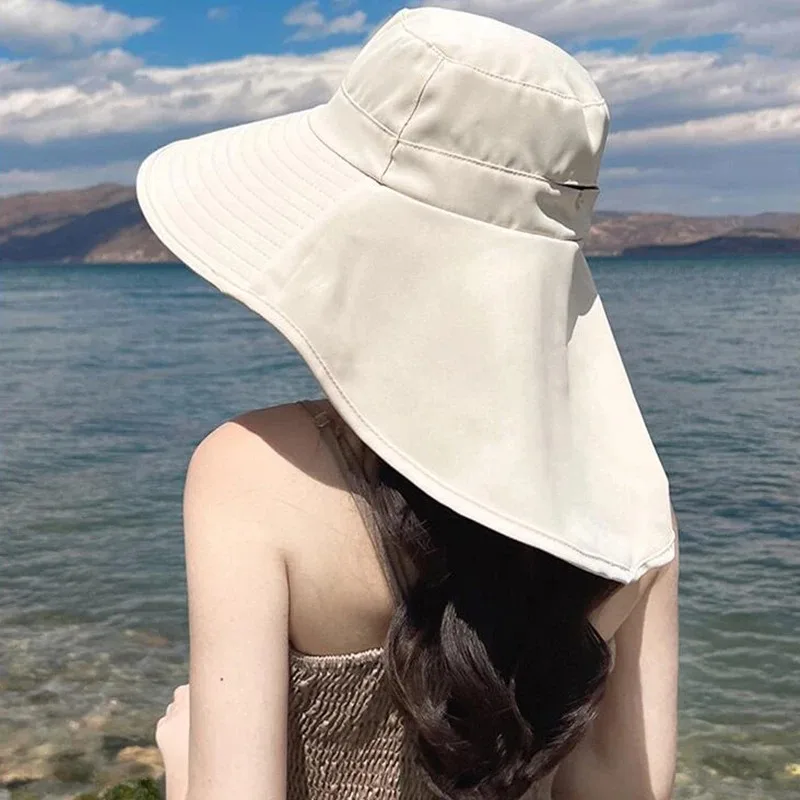 2024 Korean Women Summer Sun Hat Large Brim Neck Protection Sunshade Hats Cotton Solid Color Fisherman Cap Ladies Visors 모자