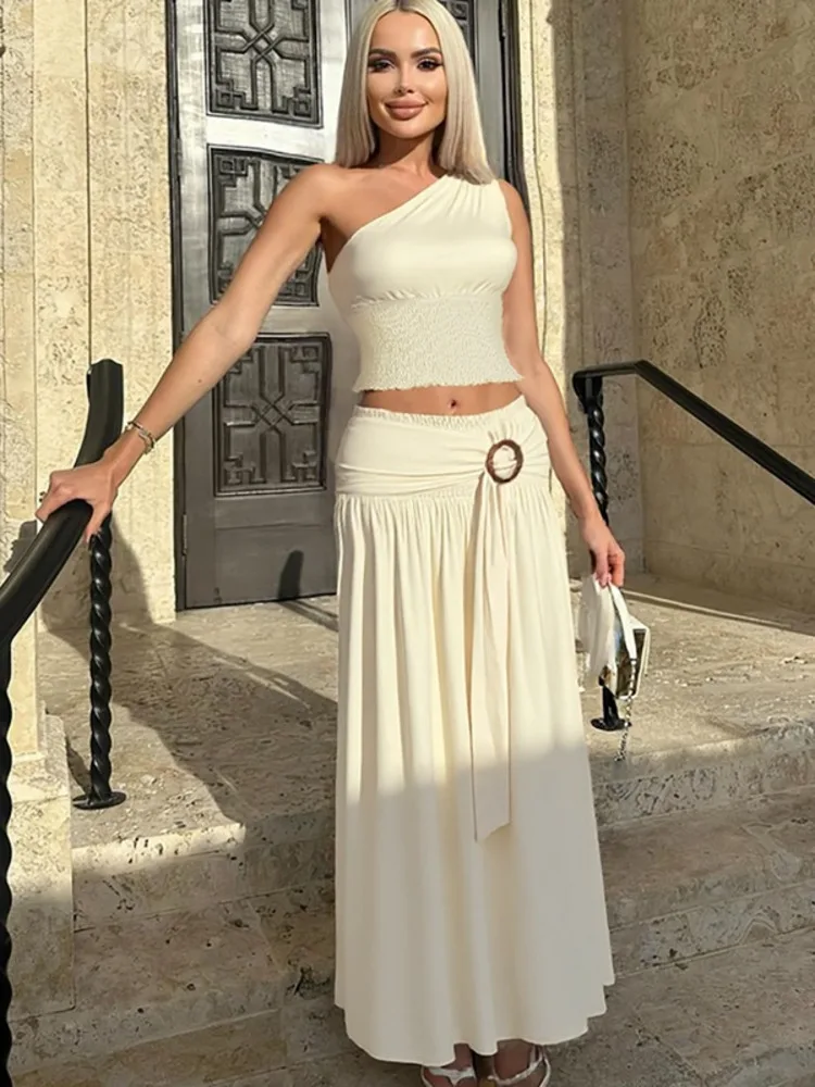 

Blifanbo Single Shoulder Top Long Skirt 2 Pieces Sets Women Slim Sleeveless Crop Tops And Ring Buckle Ribbon Skirt Matching Sets