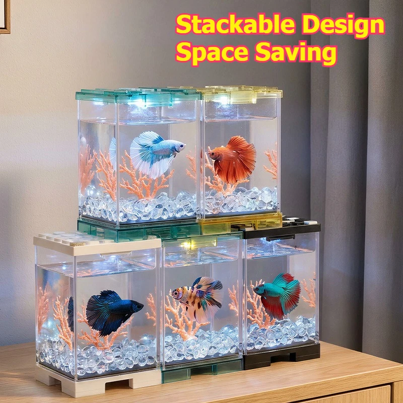 Stackable Mini Acrylic Clear Fish Tank Feeding Supplies for Small Goldfish Betta Isolation Breeding Aquarium LED Box Terrariums