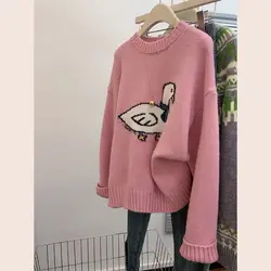 Women Trendy Funny Cute Cartoon Embroidery Sweet Pink Chic Knitted Sweater Casual O Neck Long Sleeve Loose Pullover Tops Jumper