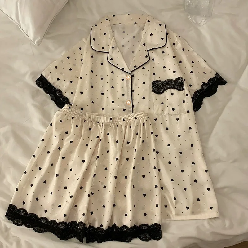 

Французская летняя пижама из ледяного шелка в стиле Ins, с эффектом омоложения, для девочек, с коротким рукавом и шортами, с жаккардовым узором в виде сердец, домашняя одежда