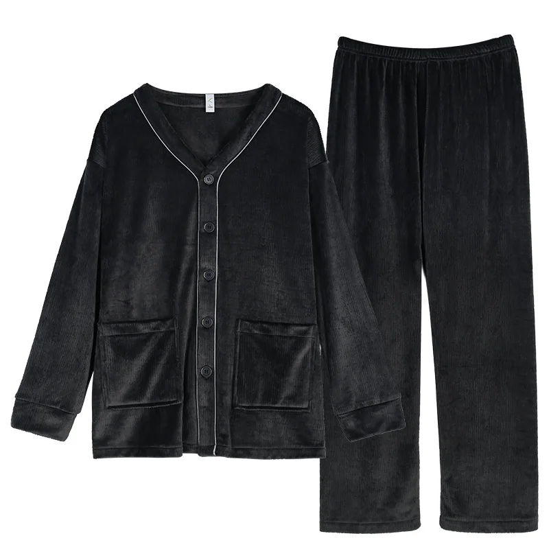 Autumn Winter Men Island Fleece Pajama Set V-Neck Cardigan Pajamas Sleepwear Keep Warm Flannel Pyjamas Male Home Clothing L-XXXL