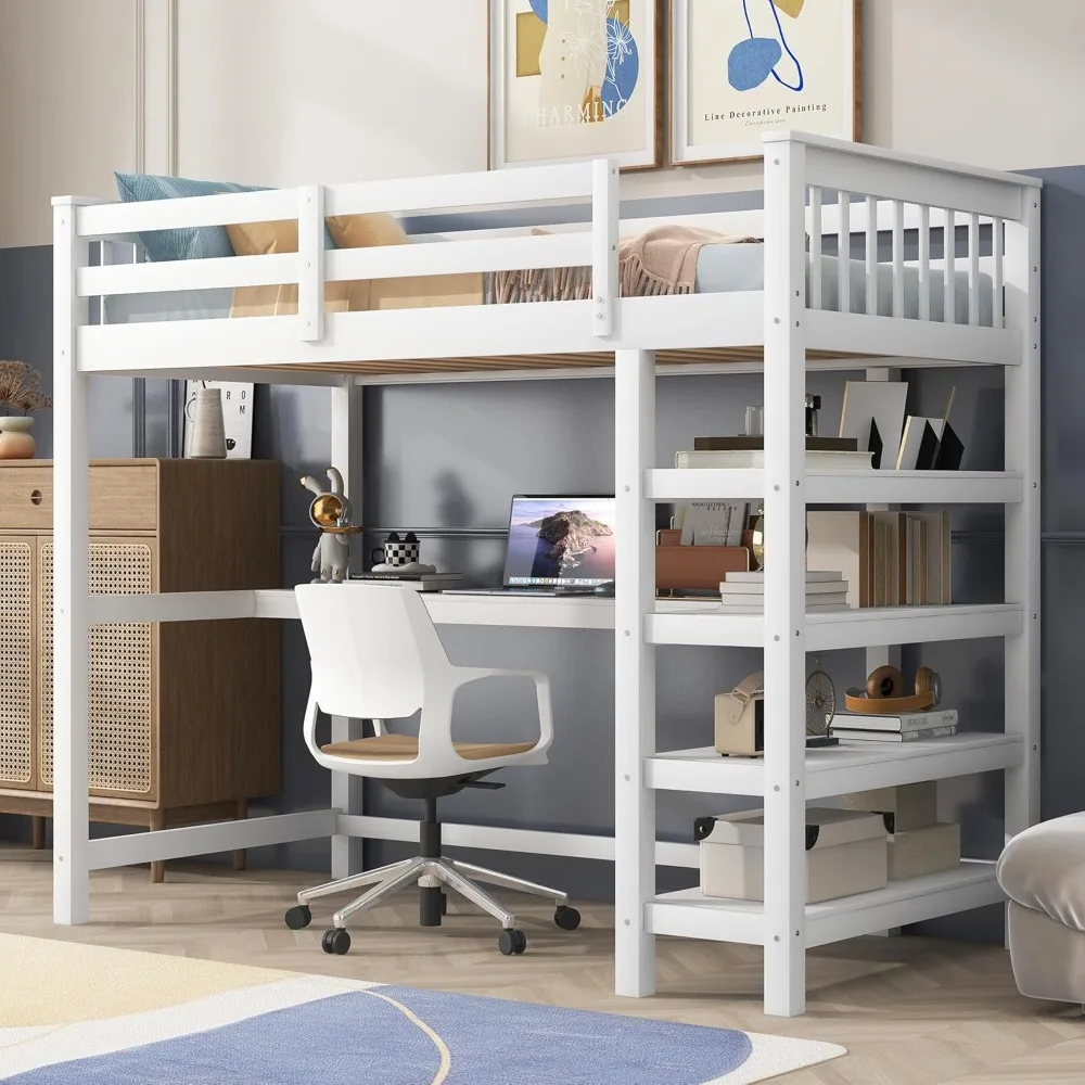 Wood Loft Bed with Desk and Shelves : Full Size Loft Bed with 4-Storage Shelves and Under-Bed Desk,Solid Wood Bed, Full Size