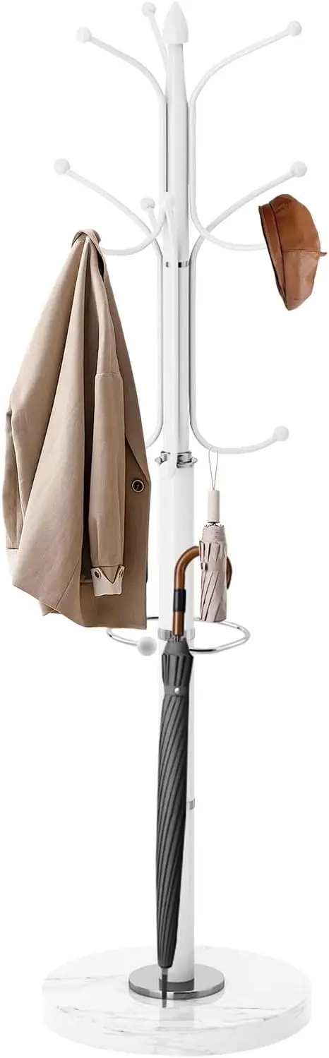 

Modern Freestanding Coat Rack with Marble Base, 12 Hooks & Umbrella Holder for Entryway Office