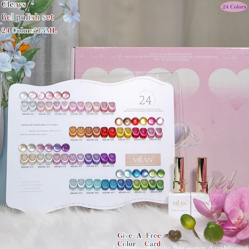 Glenys 24 Color Glass Bead Cat's Eye Nail Polish Gel Net Red Popular Dazzling Immersion Gel Color Card UV LED Nail Varnish Set
