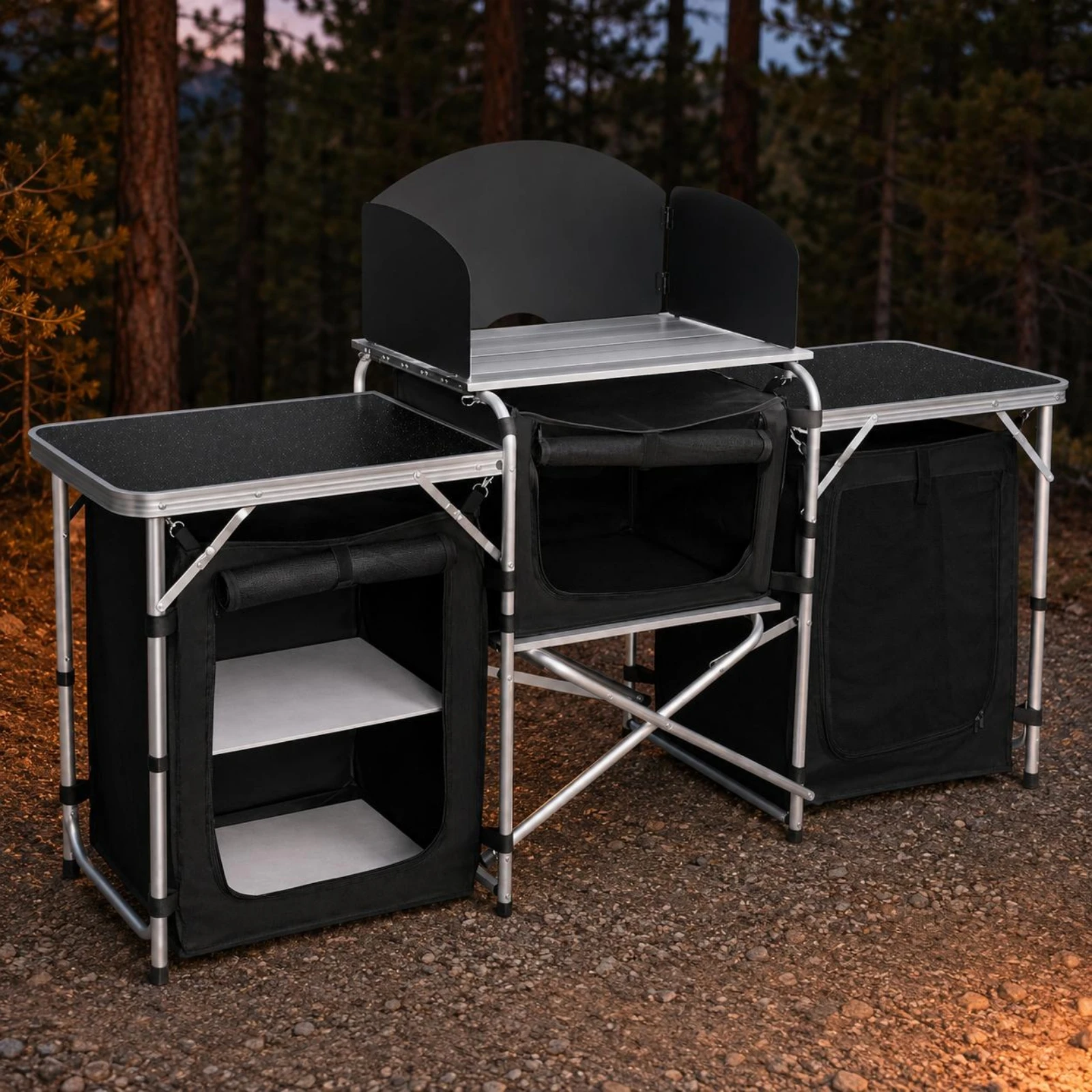 Table de cuisine de camping avec pare-vent, station de cuisson portable, étagère surélevée et sac de transport pour campeurs