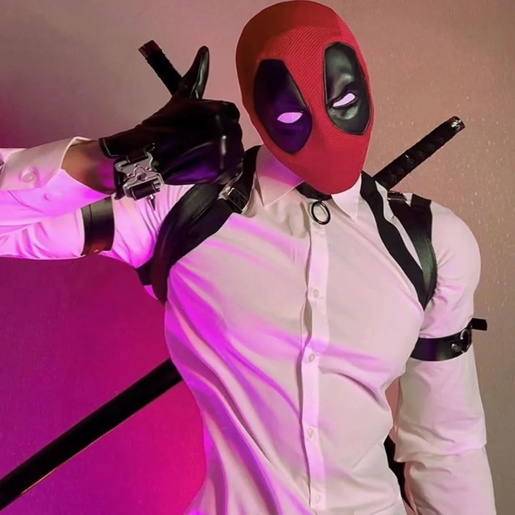 Männer Superheld Deadpool Rote Maske für Erwachsene Halloween Cosplay Kostüme Kopfbedeckung Gestrickte Maske mit Latex Silikon Augenmasken