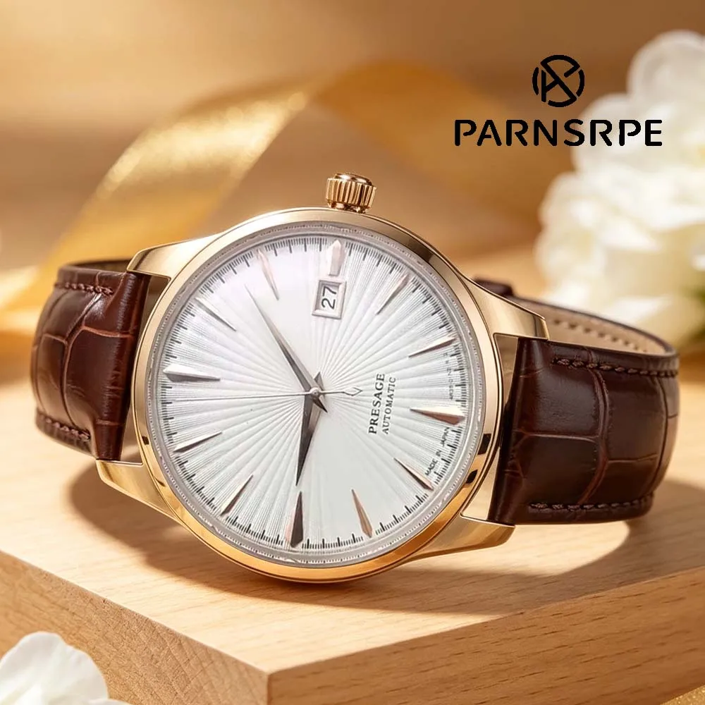 

40mm Vintage Men's Mechanical Watch, Rose Gold Case, Bubble Acrylic Crystal, Brown Leather Strap, Luminous Waterproof Casual
