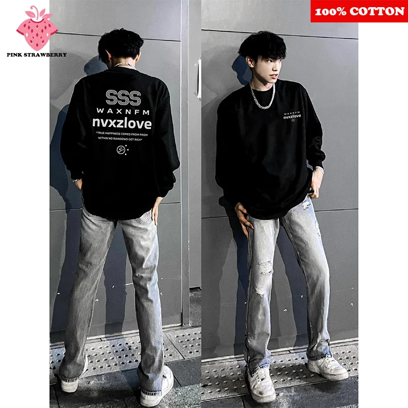 

American Street Letter Print T-shirt Men Autumn 2025 New 100% Cotton Oversize Long sleeves Sports Gym Tee Y2k Top Man clothing