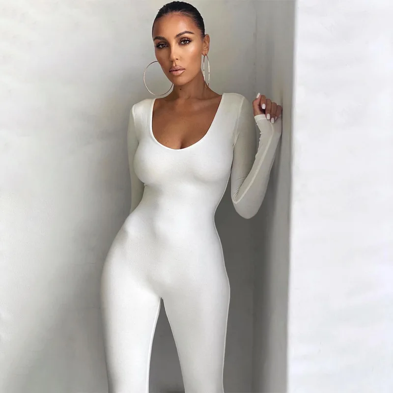 Long Sleeve Rompers Women Solid Skinny Bodycon Jumpsuit Fashion Sports Fitness Casual Activity Streetwear Overalls