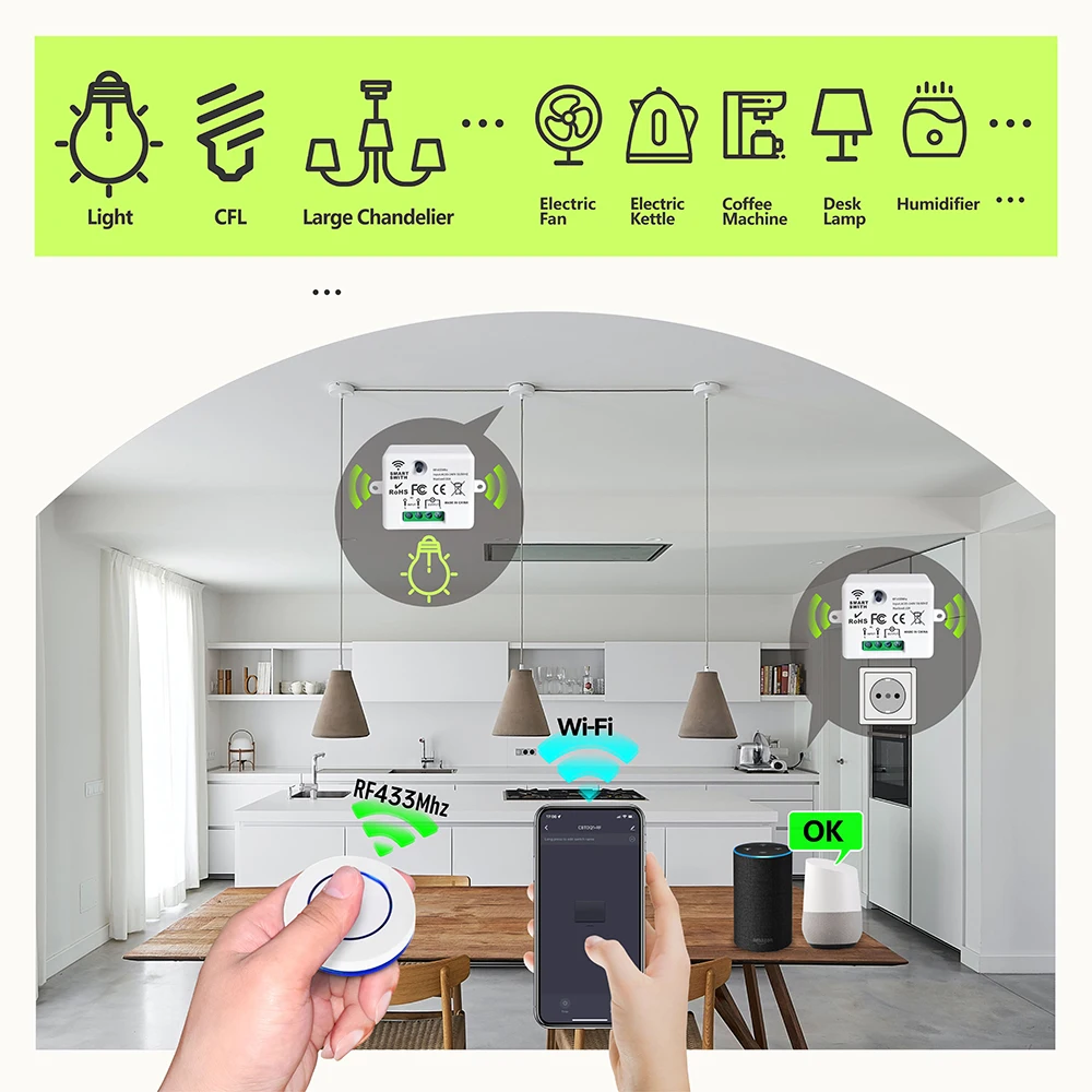 Interruptor de luz inteligente con WiFi para el hogar, miniinterruptor de Panel redondo con Control remoto inalámbrico, RF433Mhz, Tuya, Alexa y