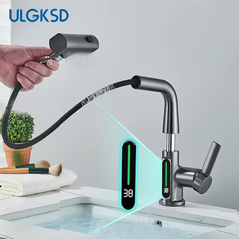 LCD Bathroom Basin Faucet Digital Display Basin Tap Multifunctional Bathroom Faucet Pull Out Mixer Tap Deck Mounted Mixer Crane