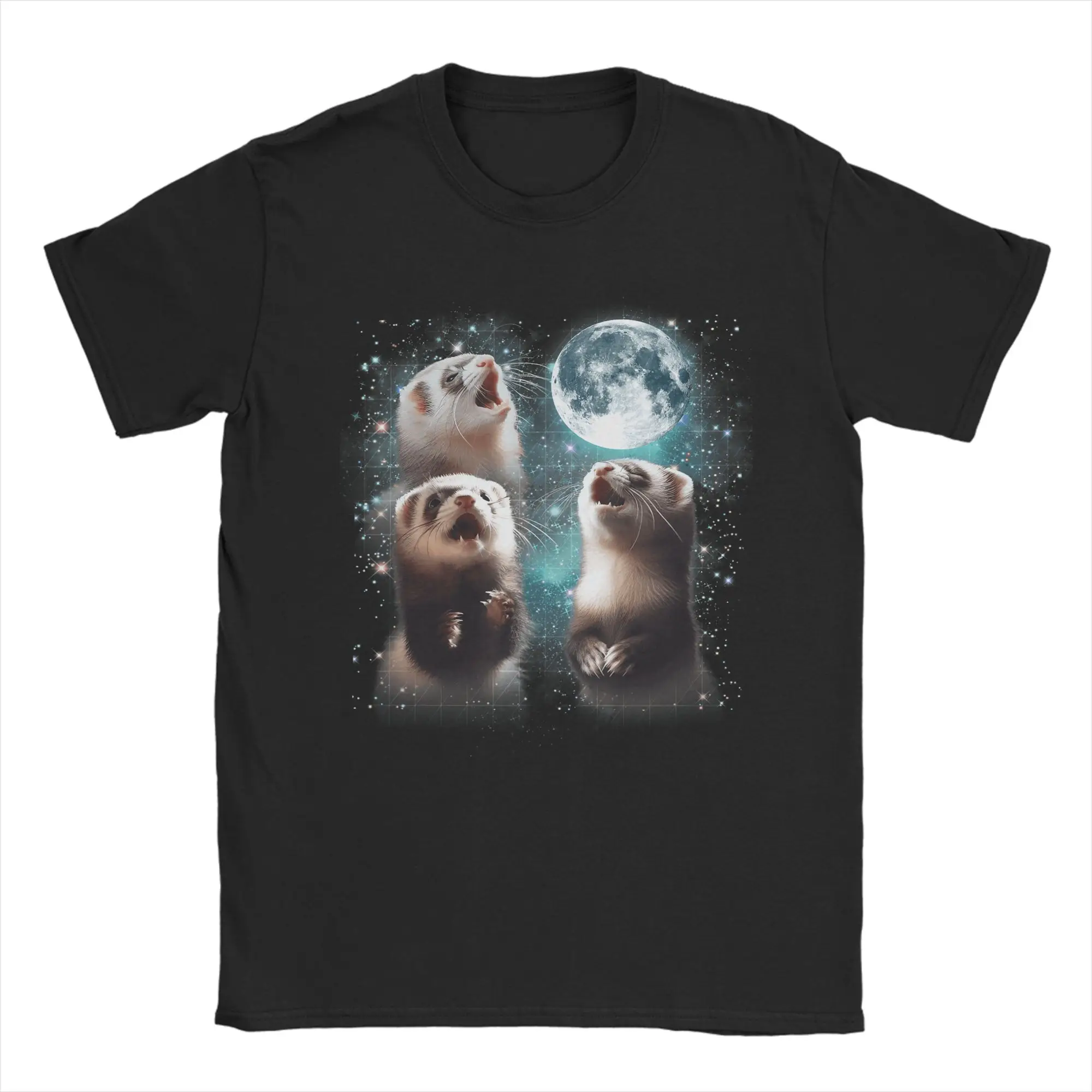 Men's T-Shirts 3 Ferret Moon Howling Ferret Head Funny Vintage 100% Cotton Tees Short Sleeve  T Shirts Crewneck Clothing Summer