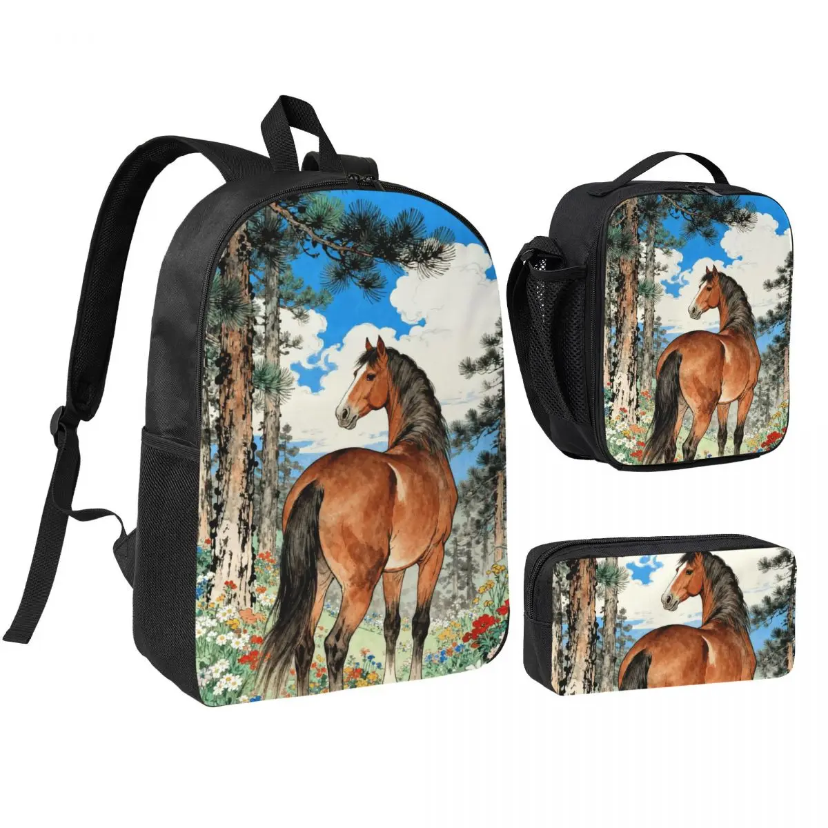 Vintage Horse Running Among Green Flowers Backpack Student BookBag School Bag Shoulder Bags 3ps Insulated Lunch Bag Pencil Case