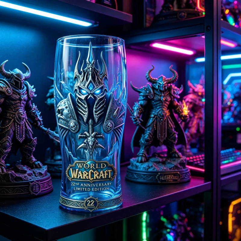 Vaso de vidrio del Rey Lich del 22.º aniversario de World of Warcraft, vaso con relieve Frostmourne de WOW, taza para beber con temática de juegos para fanáticos