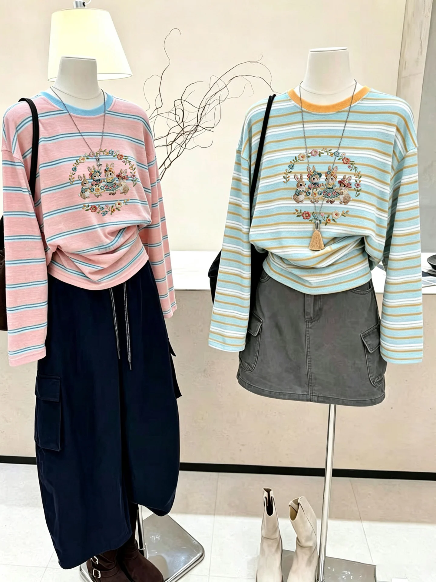 Loose Long Sleeve T-Shirt Women's Korean Style Rainbow Stripes Print Cotton Casual Top Slimming Cover up Shirt for Autumn