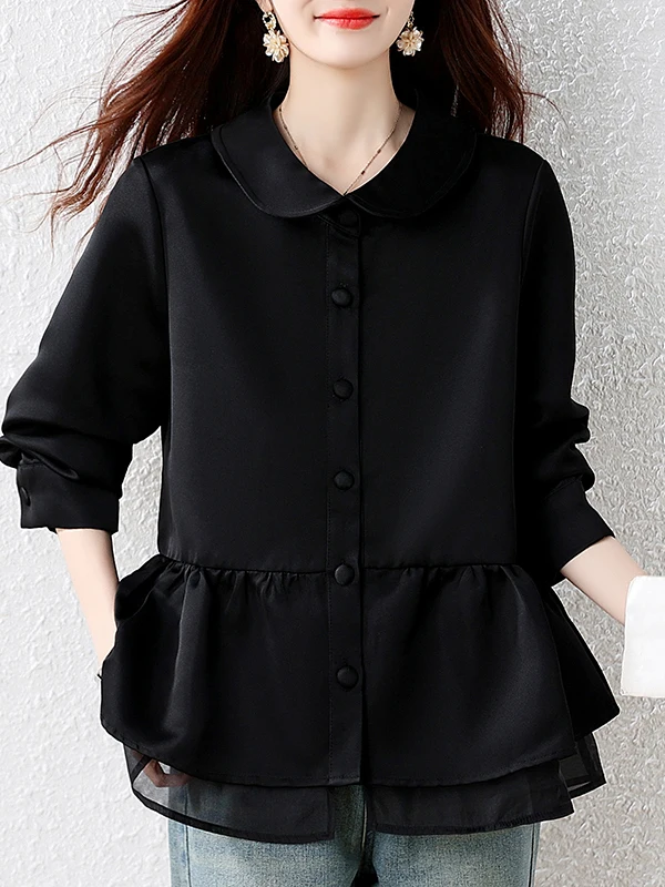 Authentic Vintage Doll Collar Black Shirt Women's plus Size Top Coat Autumn Winter New Style Polyester Fiber Regular Length