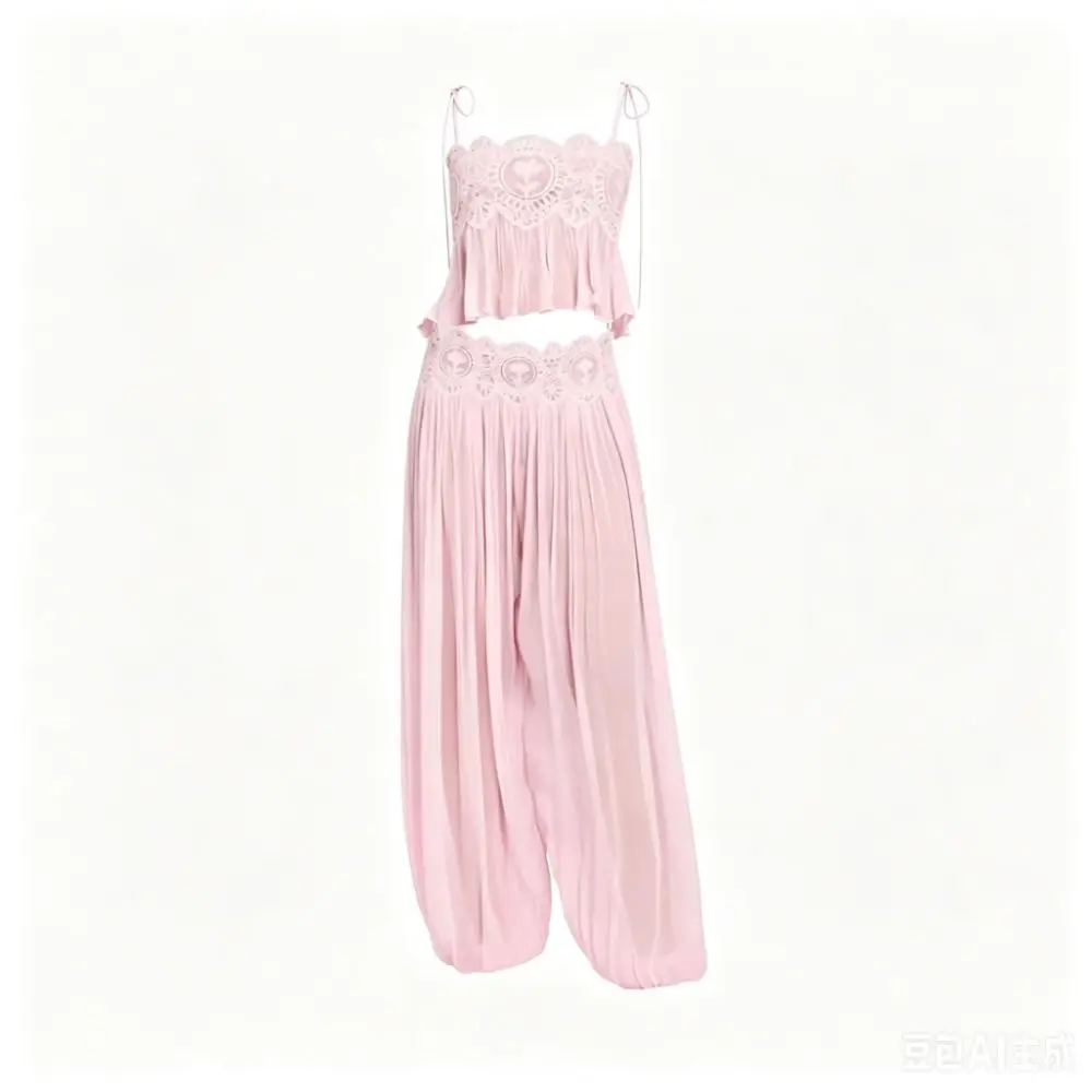 See Through Camisole Pants Sets Lace Trim Detail Wide Leg Pleated Lantern Pant High Waist Square Neck Beach Pants Sets