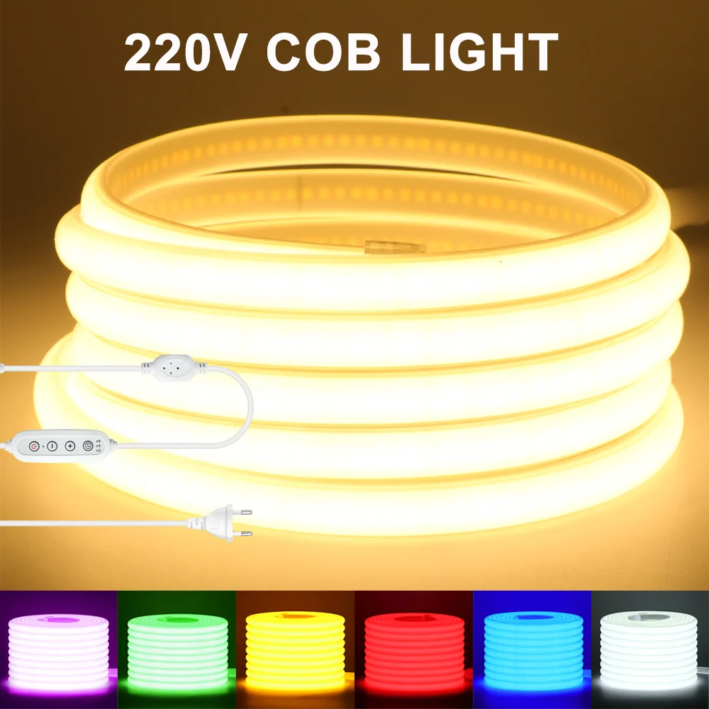 

Waterproof COB LED Strip 220V EU Flexible Ribbon Tape 288 LEDS/m Dimmable FOB Neon Lights Warm Natural White Pink Blue Purple