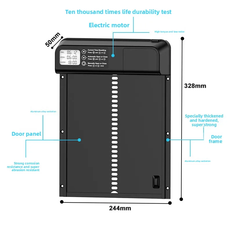 

Новая популярная дверца для курятника с автоматическим таймером, сверхдолгим сроком службы батареи, цифровым дисплеем и корпусом из алюминиевого сплава