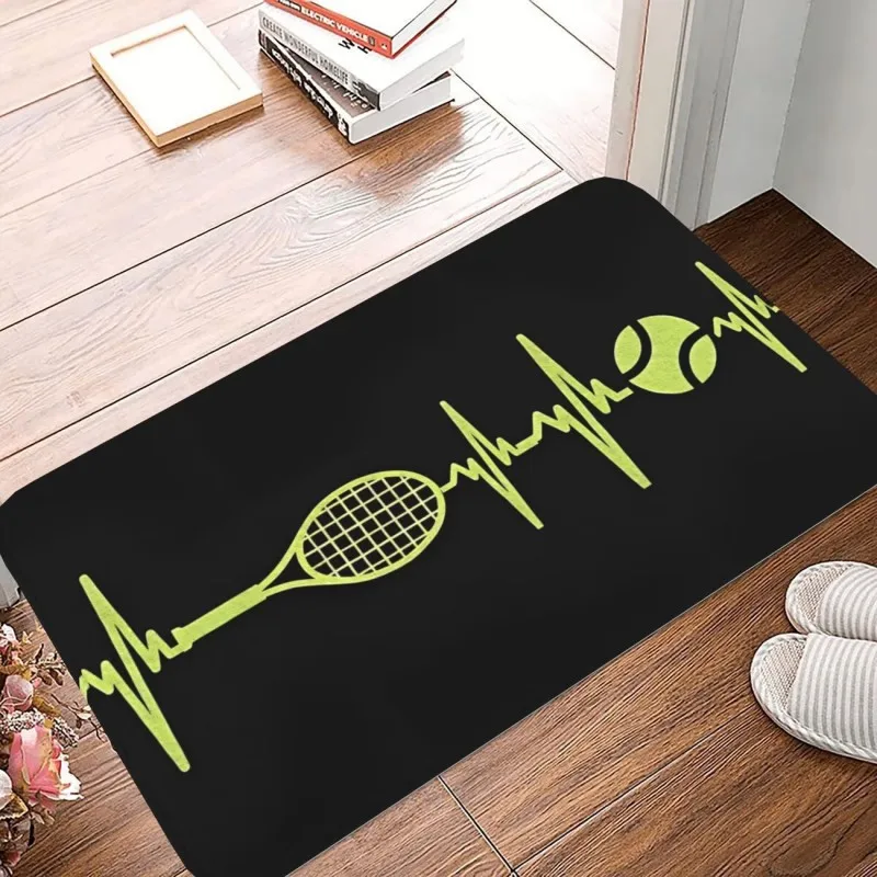 Tennis Heartbeat Print Doormat Yellow ECG Line and Racket Design Non Slip Floor Mat for Sports Lovers
