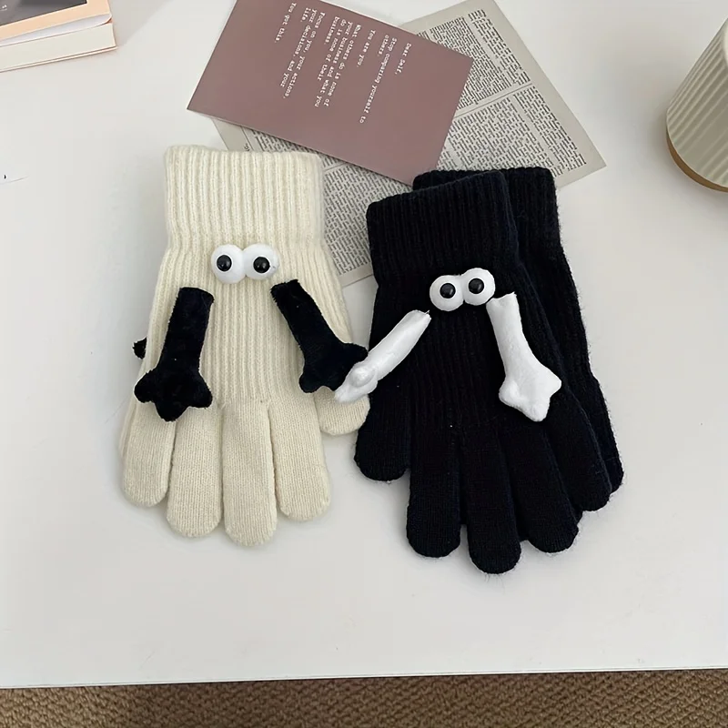 

Black and White Matching Gloves Knitted Style Warm Gloves Winter Couple Gloves Thickened Breathable Dating Gloves Winter Gloves