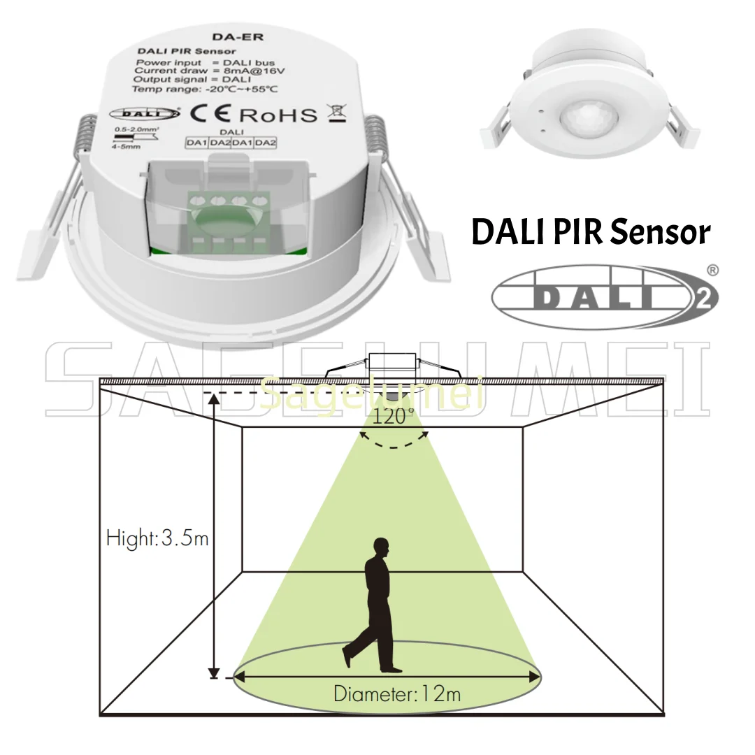 DA-ER DALI Bus Power Supply PIR Light Sensing Sensor Apply to Halls, Corridors, Office buildings, Hotels, ect. Ceiling-mounted