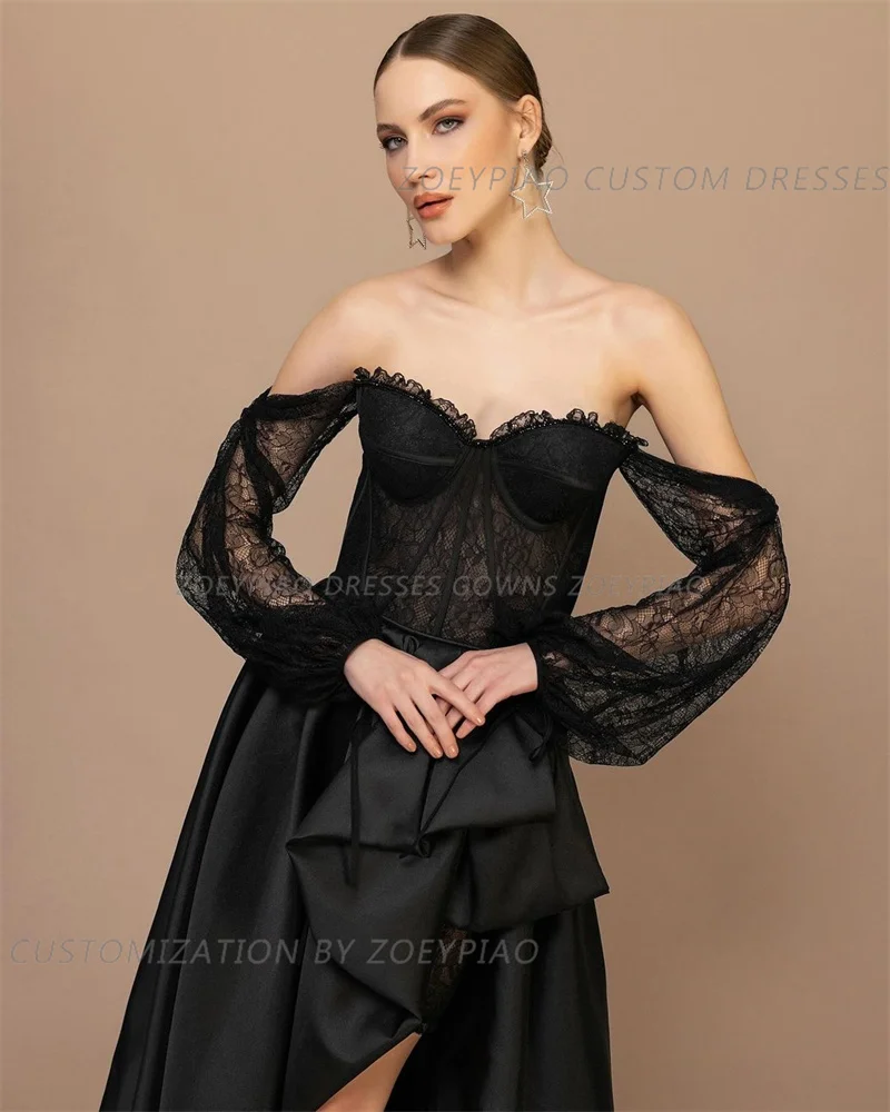 Robe de Soirée Sexy en Dentelle Noire, Tenue en Satin, Fente Latérale, pour Mariage, Bal Formel, Célébrité