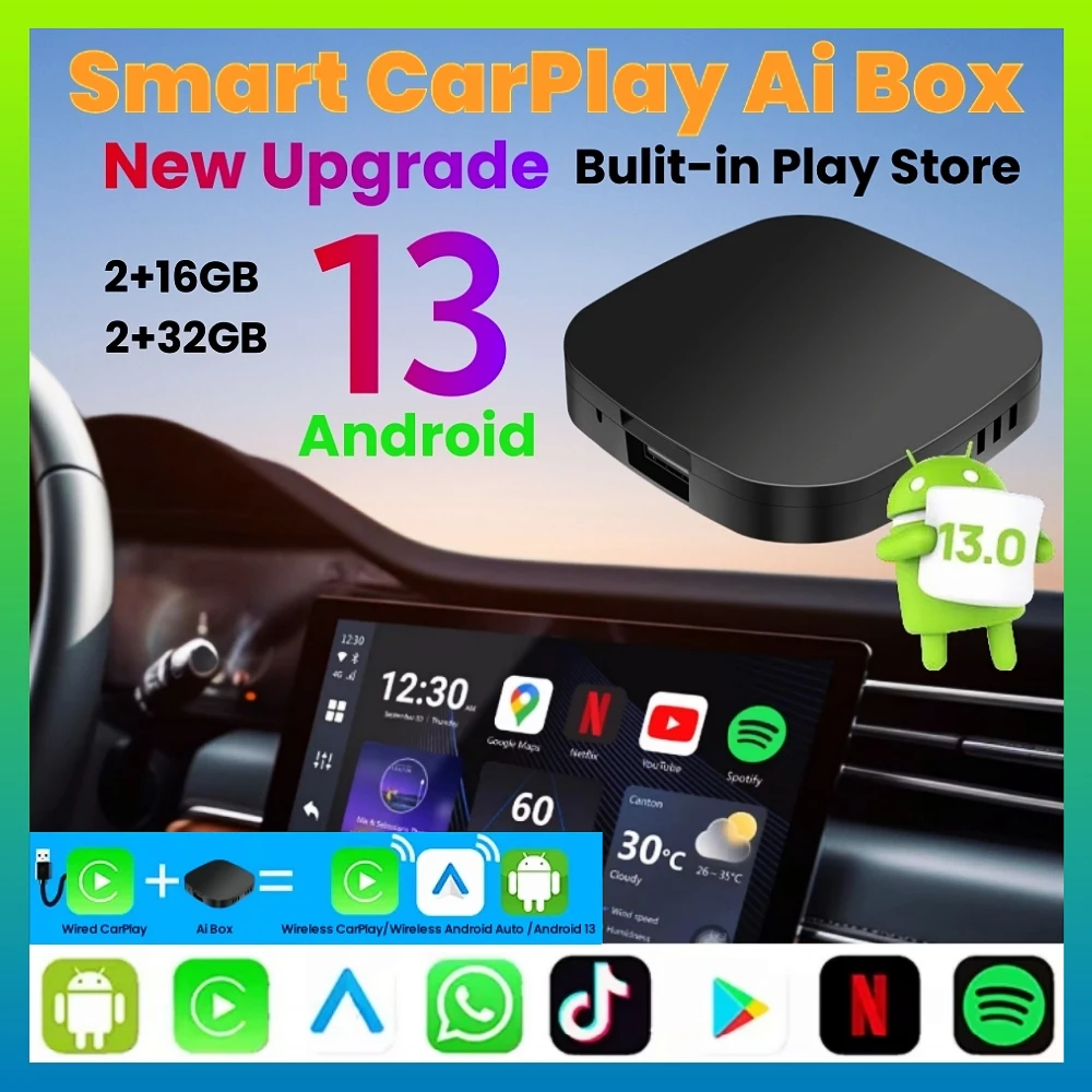 2025 Smart Mini Ai Box 2+32GB Android 13 يدعم Netflix YouTube Wireless CarPly مناسب لـ 99% من السيارات مع Carplay السلكية #1