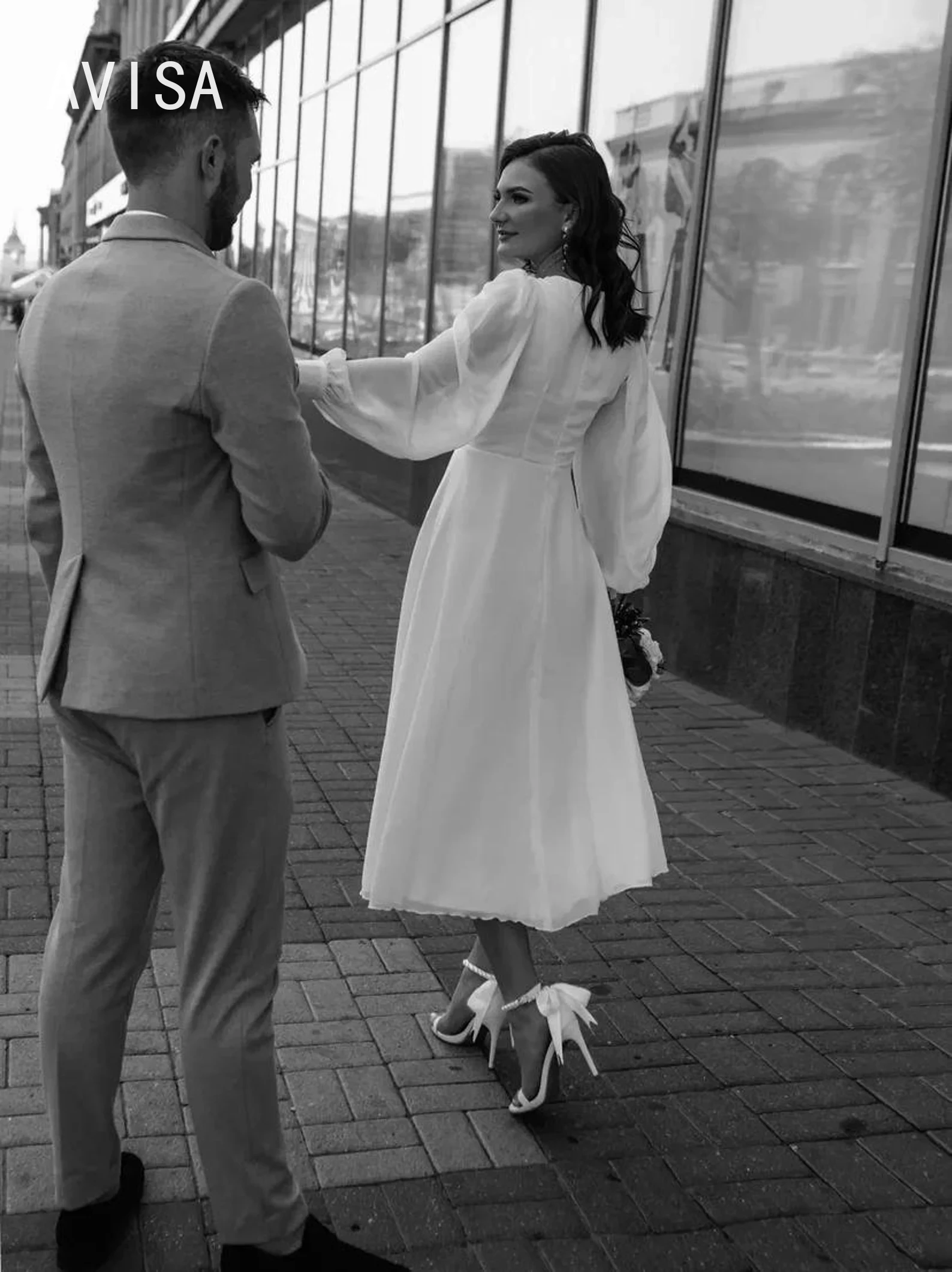 Vestido De Novia corto con cuello en V, prenda sencilla De manga larga hasta el tobillo, De tul De Organza, para playa, 2024