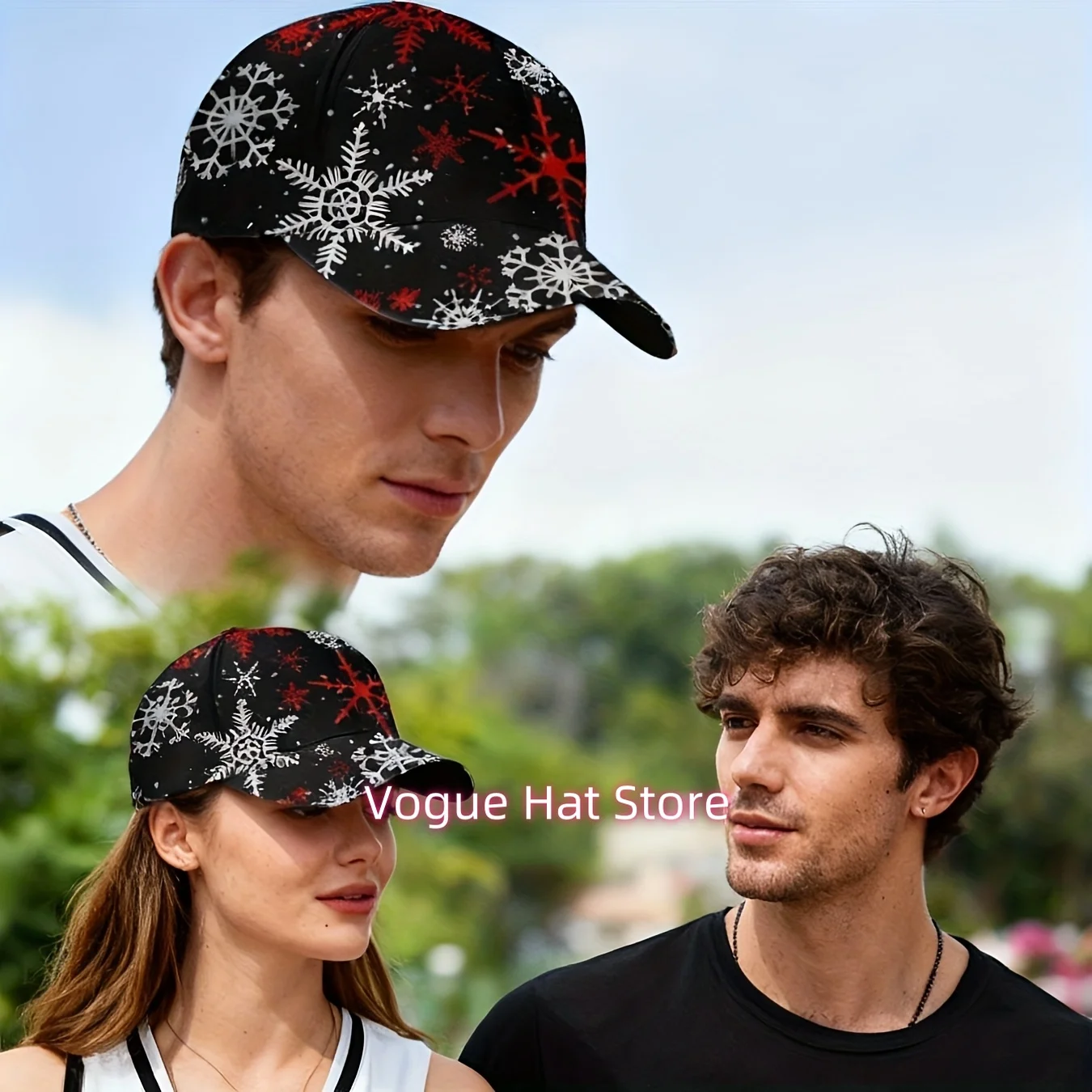 1pc, Christmas Snowflake Printed Baseball Cap, Festive Red And White Snowflakes Pattern, Unisex Fashion Accessory, Casual Outdoo