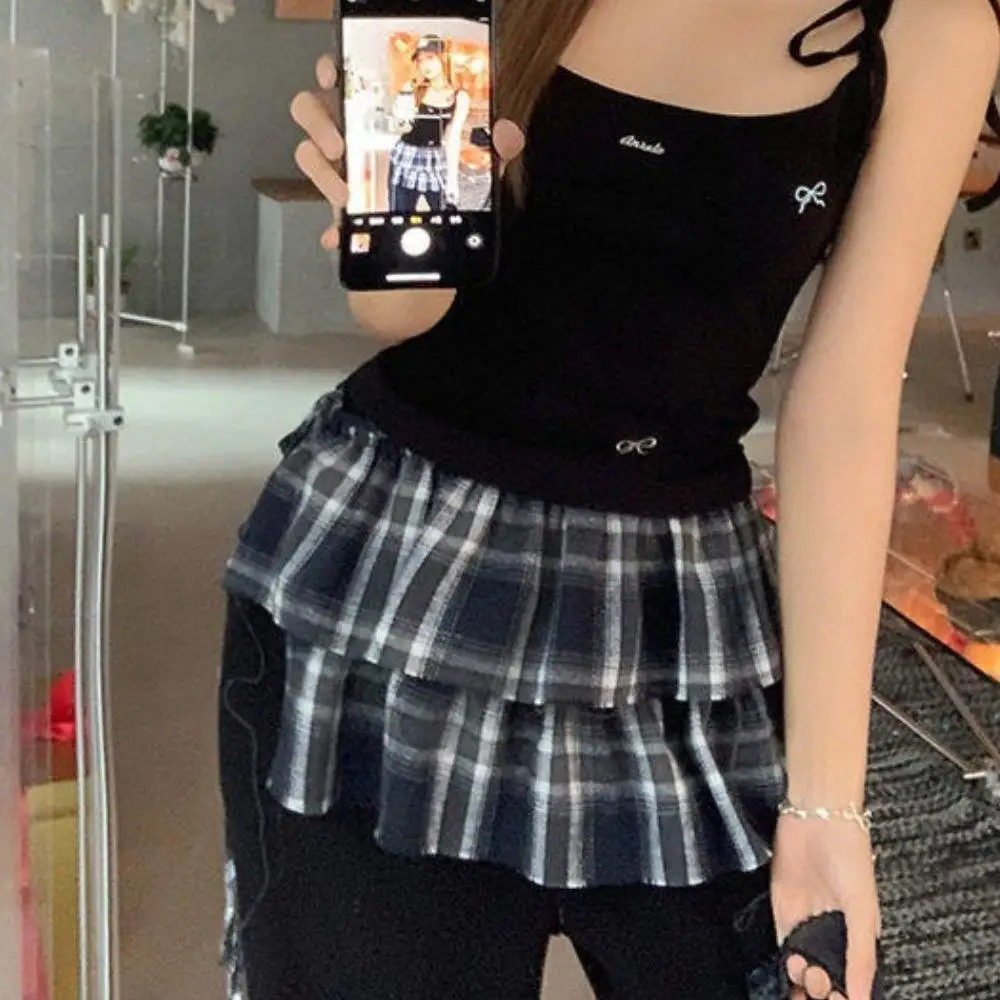 레트로 더블 레이어 격자 무늬 짧은 스커트 한국어 a 라인 레이어드 스커트 Y2K 앞치마 랩 스커트 봄 새로운 넥타이 매운 소녀 앞치마 새로운