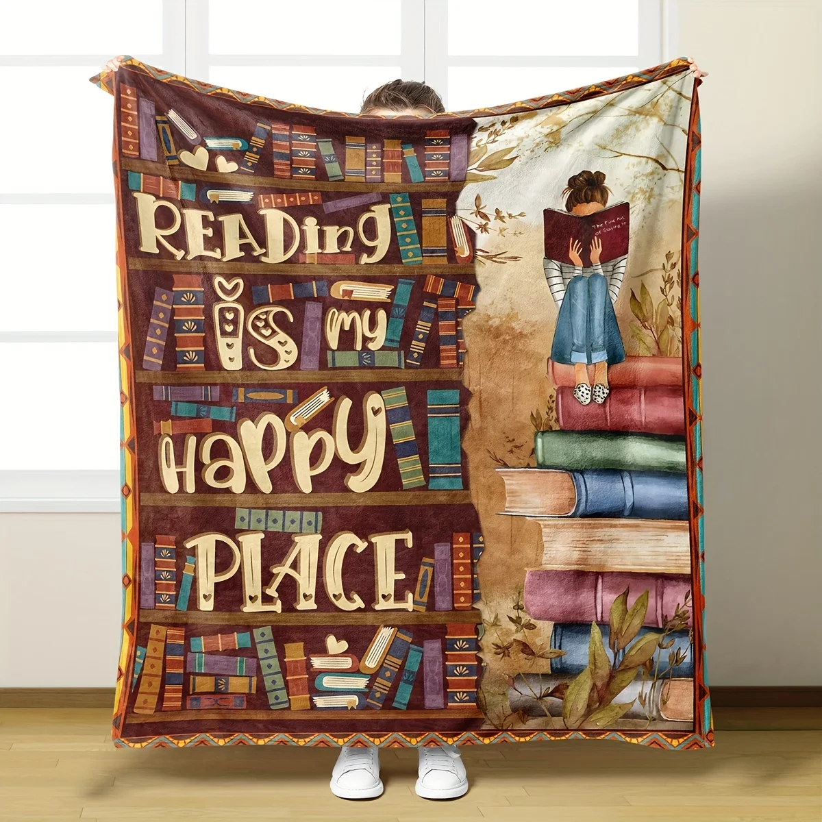 Reading Is My Happy Place Printed Blanket Students Gifts, Super Soft Fluffy Flannel Nap Blanket, Lightweight Warm