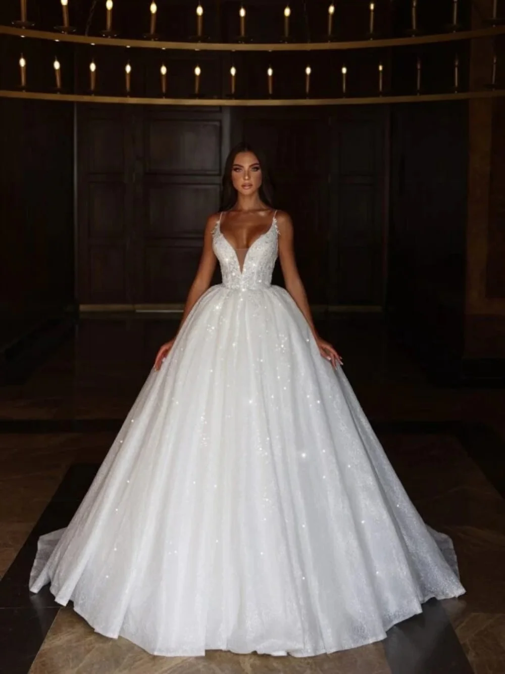

Glamorous Personalized Wedding Dresses A-Line Appliques V-Neck Sequined Lace Beading Evening Party Gowns Court Train Customized